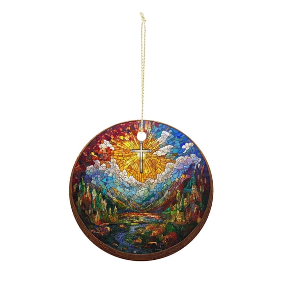 Stained Glass Cross Landscape Christmas ornament, Christmas decoration, holiday present idea, heirloom keepsake, round ceramic, gift Exchange, bauble present, gift idea
