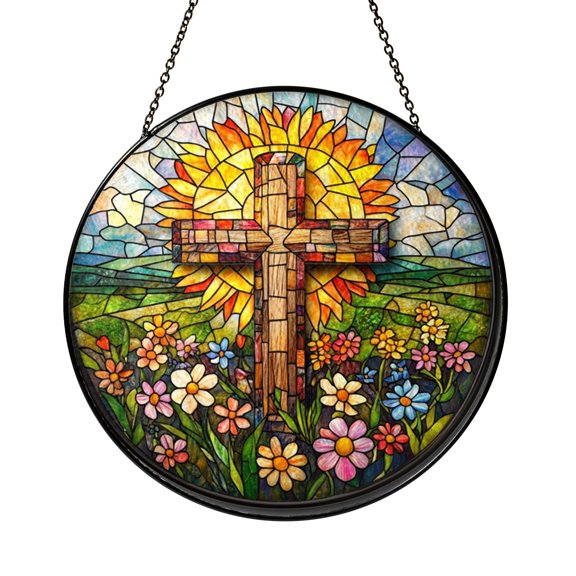 Stained Glass Cross Landscape Suncatcher, Sunrise Over Meadow Floral Window Hanging Decor, Spiritual Faith Sun Catcher for Bright Window