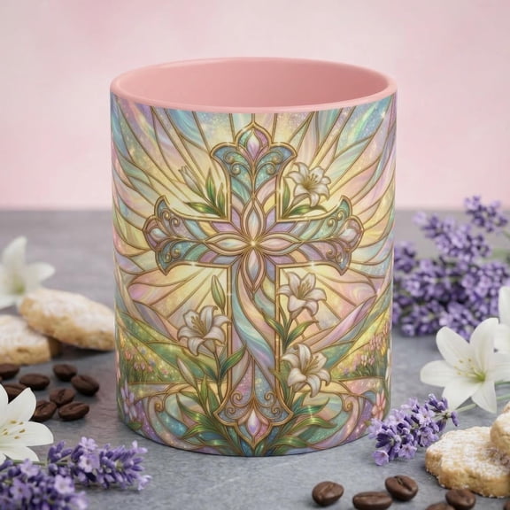 Stained Glass Cross Mug, Easter Lily Coffee Cup, Christian Religious Gift, Pastel Floral Faith Mug, Spring Believer Cup, Baptism Present