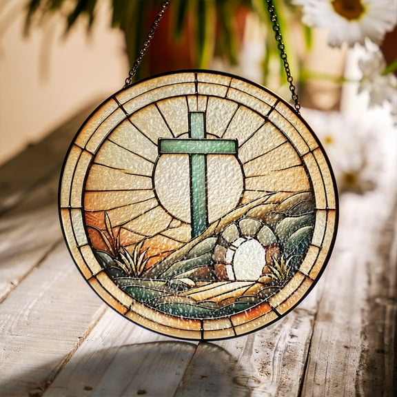 Stained Glass Cross Suncatcher, Christian Window Hanging, Floral Cross Gift for Faith Believers, Religious Home Decor, Easter Church Gift 1887348672 6473