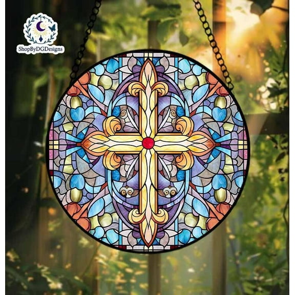 Stained Glass Cross Suncatcher, Christian Window Ornament, Religious Hanging Sun Catcher, Elegant Church Decor, Catholic Gift 4296975038