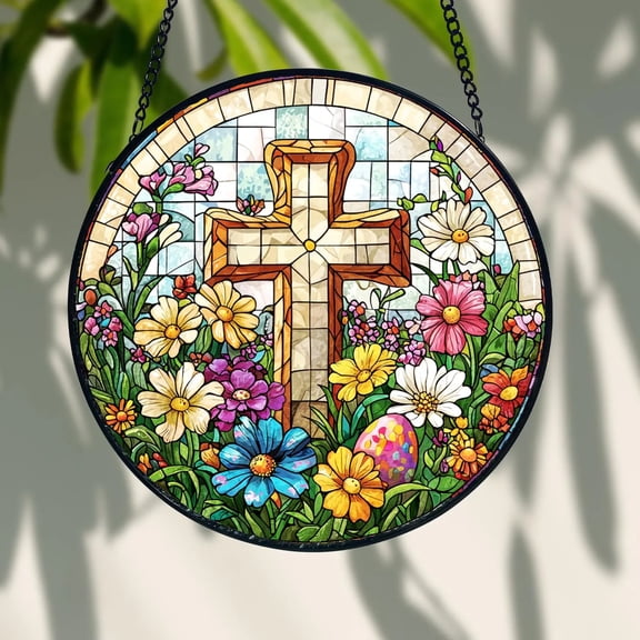 Stained Glass Cross Suncatcher_ Wildflower Christian Decor, Stained Glass Window Suncatcher, Rainbow Light Catcher, Colorful Glass Decor, Sun Catcher Ornament