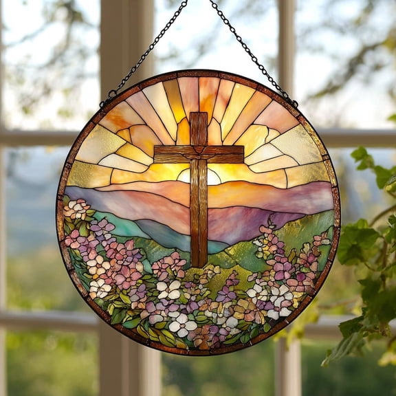 Stained Glass Cross Suncatcher: Wildflower Christian Decor