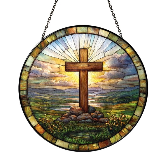 Stained Glass Cross Suncatcher Window Decor Featuring Cross Silhouette at Sunrise over Calm Water Decorative Glass Art for Home Interior Window Display