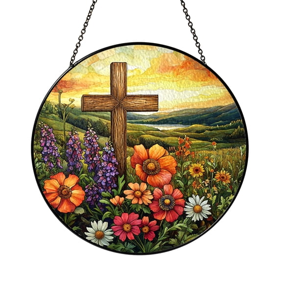 Stained Glass Cross Sunset Suncatcher Round Window Hanging Decorative Floral Panel for Home Decor Spiritual Theme