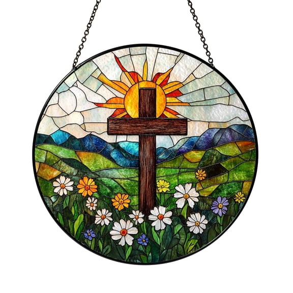 Stained Glass Cross Wildflowers Suncatcher Window Hanging, Floral Cross Design Window Decor for Peaceful Home Interior