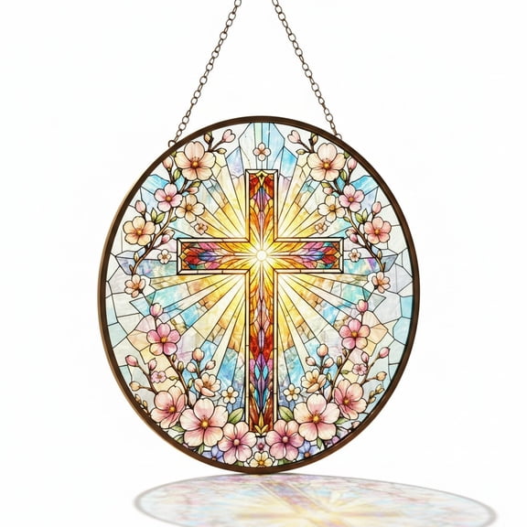 Stained Glass Cross Window Hanging, Easter Floral Cross Sun Catcher, Round Religious Wall Decor Art for Home Chapel, Spiritual Gift