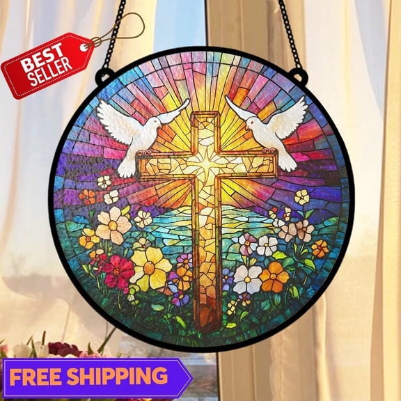 Stained Glass Cross with Doves Suncatcher, Glass-Effect Round Christian Panel