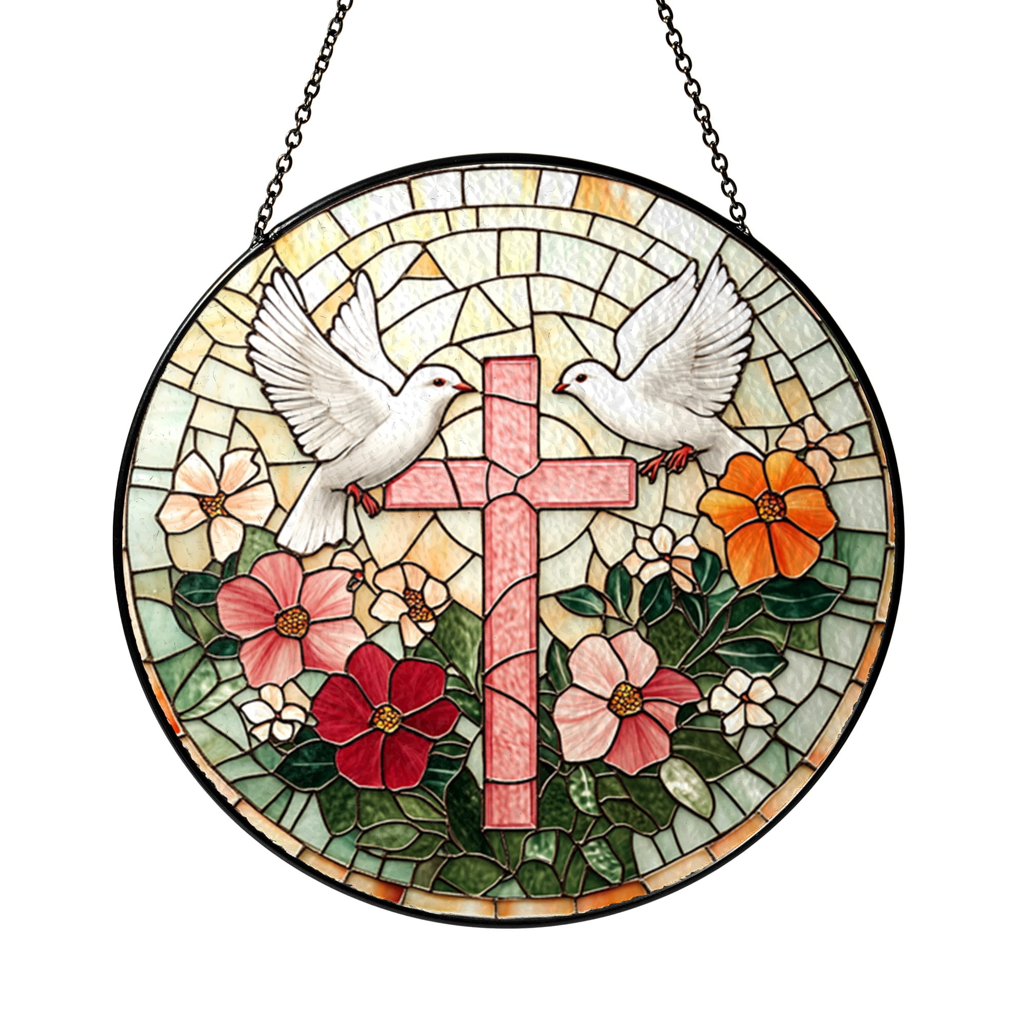 Stained Glass Cross with Doves Suncatcher, Spiritual Window Art Gift ...