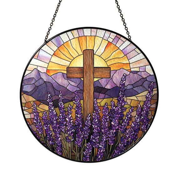 Stained Glass Cross with Lavender Field Design, Window Decor Hanging, Meaningful Faith Gift