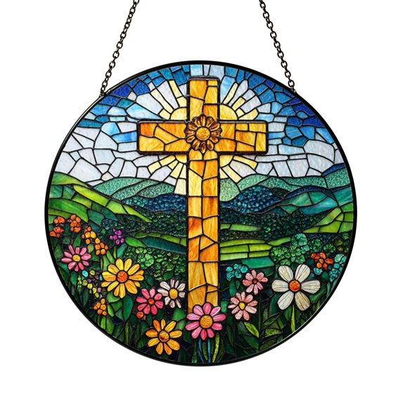 Stained Glass Cross with Wildflowers Suncatcher Window Hanging, Peaceful Home Window Decor
