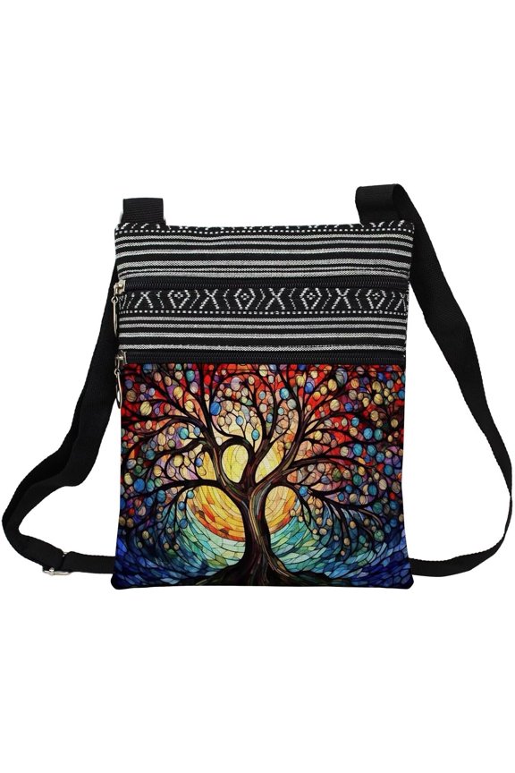 Stained Glass Crossbody Handbag with Zipper Butterfly World Tree Aesthetic Present for Woman