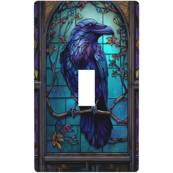 Stained Glass Crow On Tree Pattern Single Toggle Wall Plate Switch Decorative Panel Electrical Socket Plate Suitable For Bathroom Kitchen Living Room Bedroom