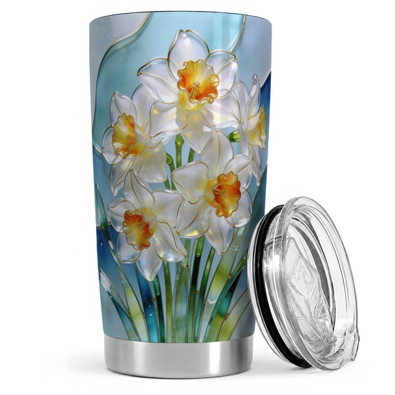 Stained Glass Daffodil Bouquet 20oz Tumbler, Daffodil Flower Tumbler, Daily Drinkware, White Yellow Blooms with Green Stems and Gold Lines, Spring Botanical Cup, Women and Flower Fans