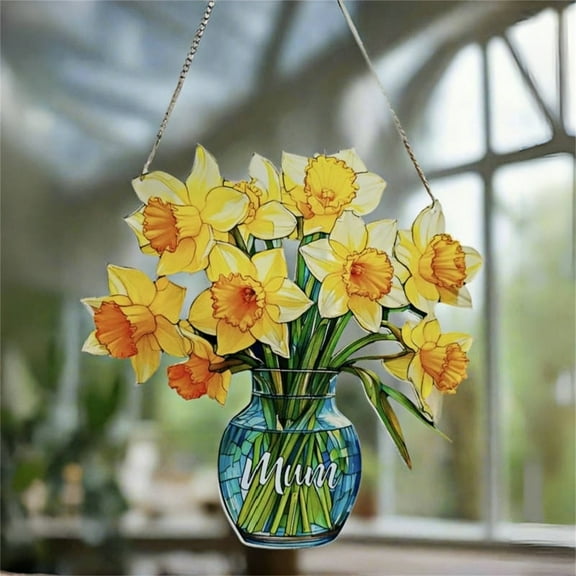 Stained Glass Daffodil Suncatcher with Vase | Hanging Flower Ornament for Windows | Colorful Acrylic Home Decor Gift for Mom Mothers Day Birthday | Includes 1 Pendant