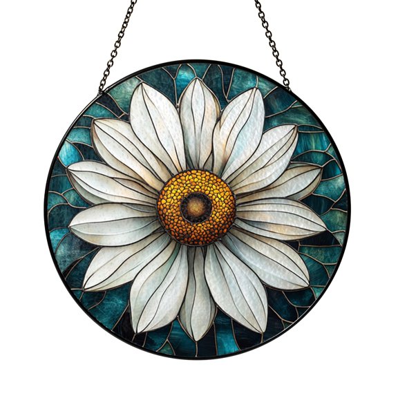 Stained Glass Daisy Window Hanging Suncatcher, Round Floral Design White Gold Accents, Cheerful Home Decor Gift