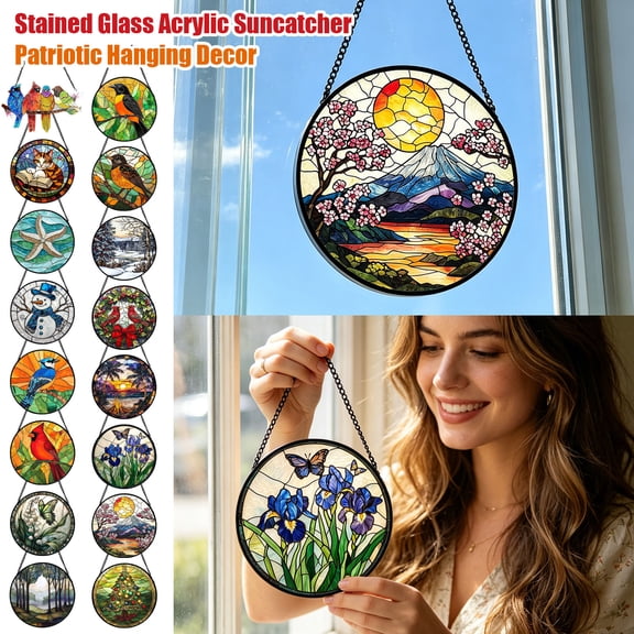 Stained Glass Decor, Decorative Hanging, Branch Design, Metallic Edge, 8 Inch Diameter 2D Acrylic Cardinal Wreath 2D Hanging, Light Filtering Acrylic Construction, Fits Kitchen