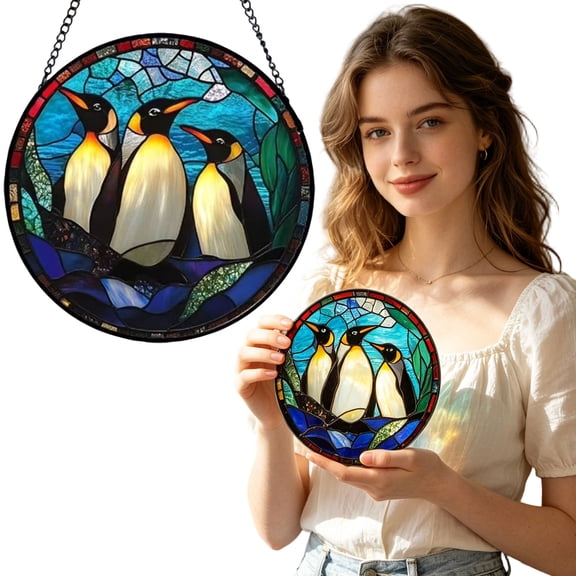 Stained Glass Decor, Window Suncatcher, Stained Glass Window Hanging, Kitchen Art Wall Decor, 8 Inch Diameter 2D Penguin Puzzle-Style Decorative Hanging Ornament for Patio,
