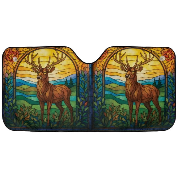 Stained Glass Deer Car Sunshade Majestic Buck & Mountain Sunset Windshield Sun Shade, Nature Wildlife Art Auto Sun Visor Cover