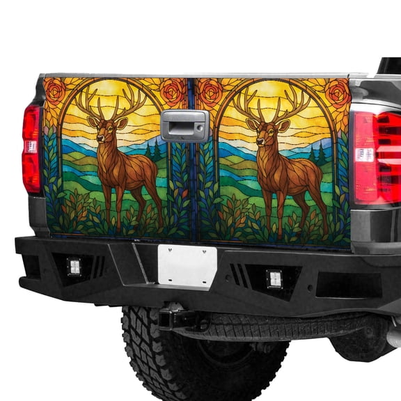 Stained Glass Deer Tailgate Wrap – Majestic Stag Forest Landscape Truck Tailgate Decal, Vintage Nature Wildlife Pickup Tailgate Graphic