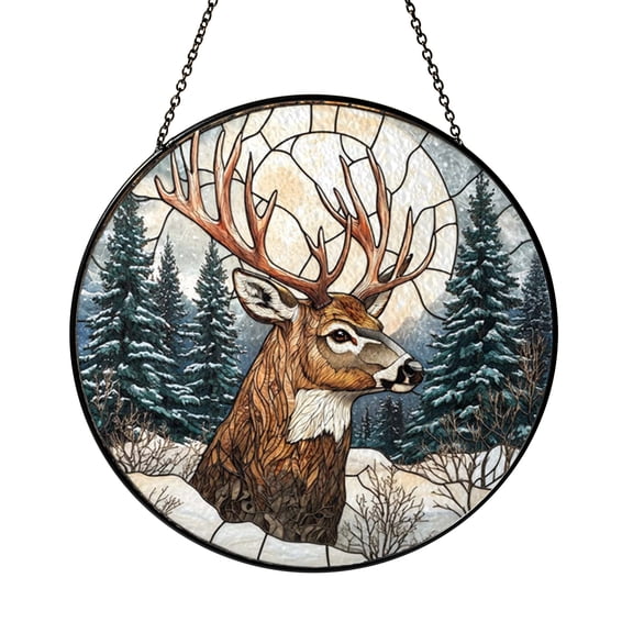Stained Glass Deer Window Hanging with Full Moon Scene, Woodland Inspired Decor, Artistic Light Reflection