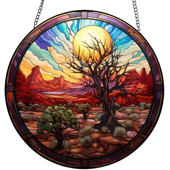 Stained Glass Desert Window Hanging, Suncatchers for Windows Diamond Textured Glass Desert Decorative Hanging Ornaments Stained Glass for Art Suncatcher Window Panel Gift Home Decor (A)