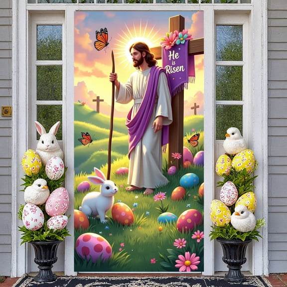 Stained Glass Design Cross Banner Colorful Pattern Christian Backdrop Religious Art Vintage  Spiritual Background for Church Service Religious Ceremony Worship Gathering