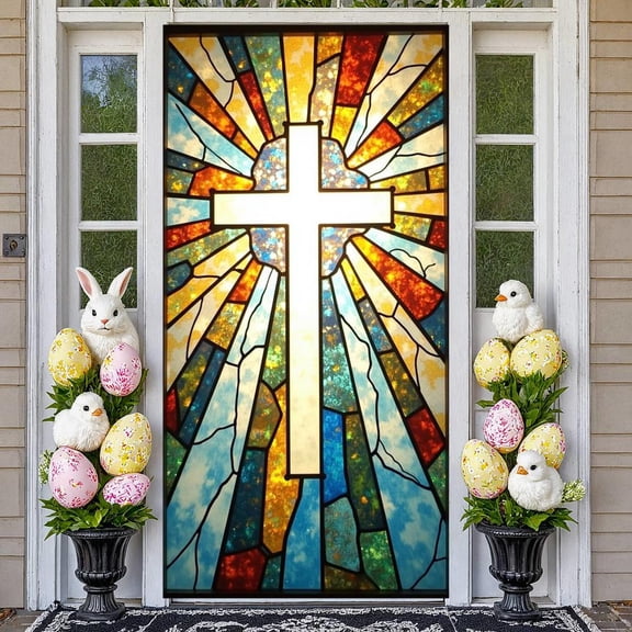 Stained Glass Design Cross Banner Colorful Pattern Christian Backdrop Religious Art Vintage Spiritual Background for Church Service Religious Ceremony Worship Gathering