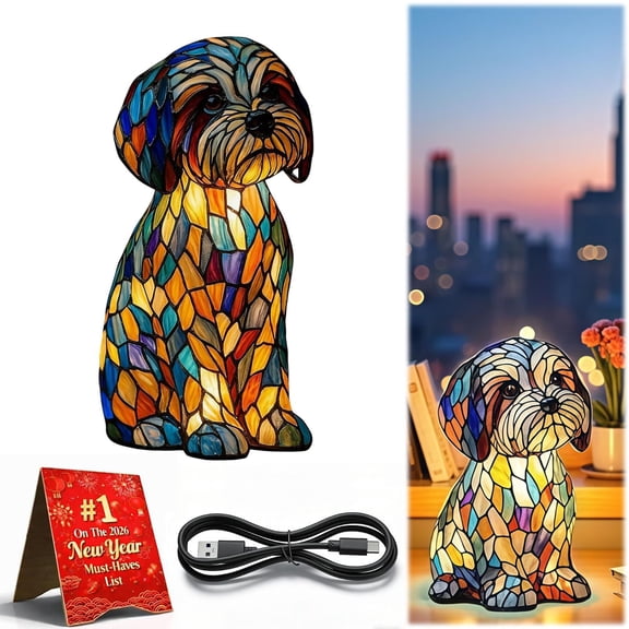 Stained Glass Dog Lamp, Kadlawus USB Powered 3D Retro Pup Night Light, Colorful Stained Resin Small Dog Desk Lamp, Efficient LED Bedside Lamp for Bedroom