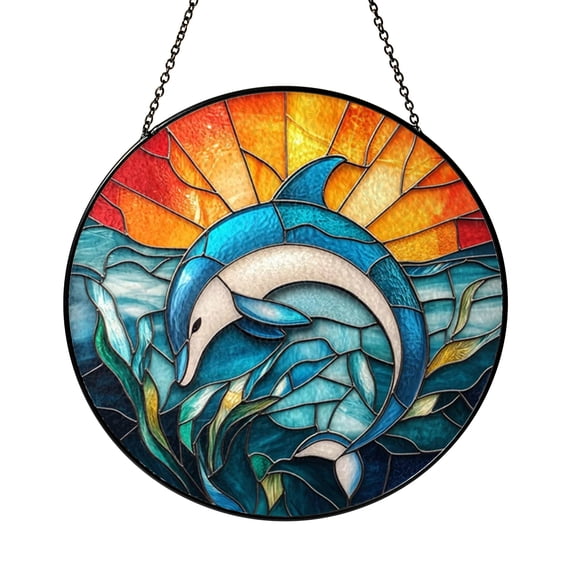 Stained Glass Dolphin Sea Wave Window Hanging Art