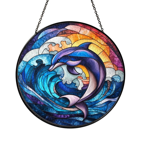 Stained Glass Dolphin Window Hanging, Ocean and Wave Inspired Art, Coastal Home Accent, Unique Window Decor Gift Idea