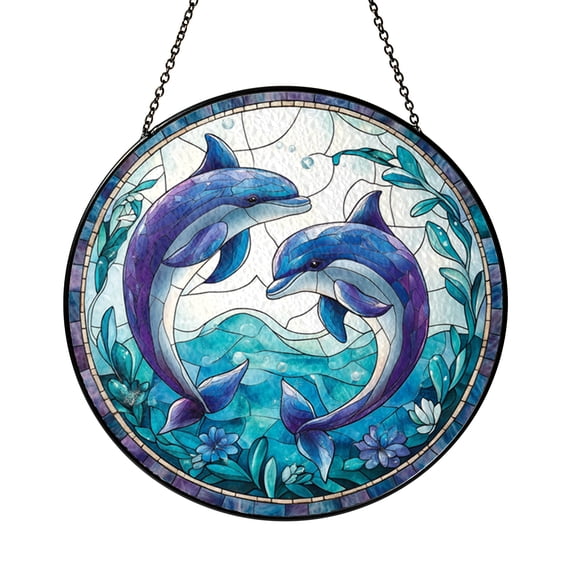 Stained Glass Dolphins Green Suncatcher, Beach Window Hanging, Ocean Waves Home Decor Gift