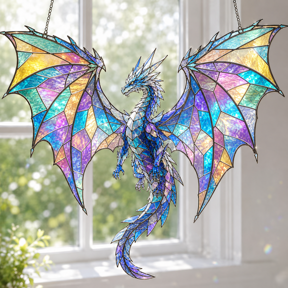 Stained Glass Dragon Acrylic Suncatcher Holographic Window Hanging Gift