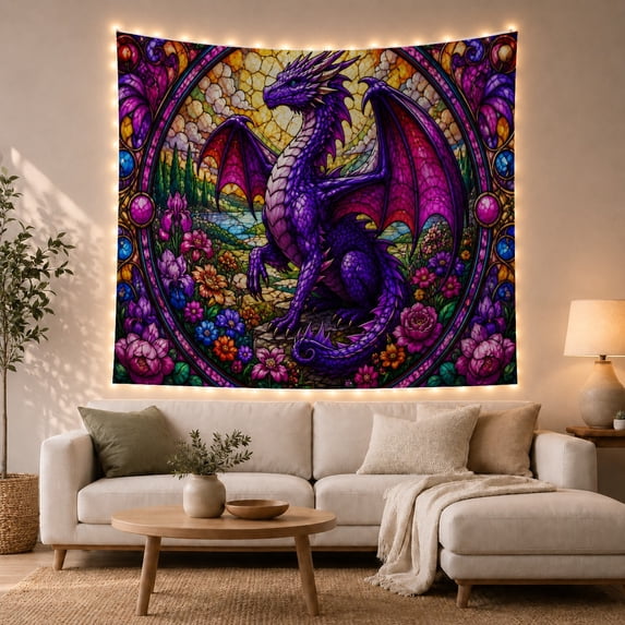 Stained Glass Dragon in Lush Garden, Mystical Fantasy for Animal Lovers, Magical Decor, Halloween Gift Tapestry Wall Hanging for Bedroom, Living Room and Dorm