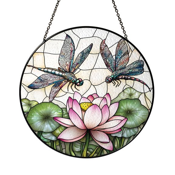 Stained Glass Dragonflies with Lotus Flowers Window Art Botanical Nature Design Decorative Glass Hanging for Home Window Accent