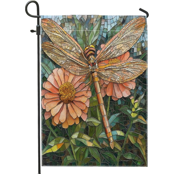 Stained Glass Dragonfly Burlap Vertical Garden Flag, Double Sided, 12 x 18 Inch, Spring Floral Design for Front or Backyard Lawn