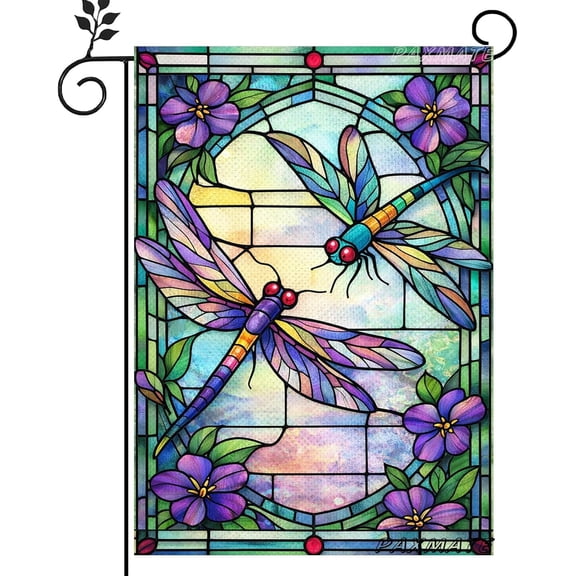 Stained Glass Dragonfly Garden Flag Double Sided 12 x 18 Colorful Floral Spring Summer Outdoor Lawn Porch Garden Decor