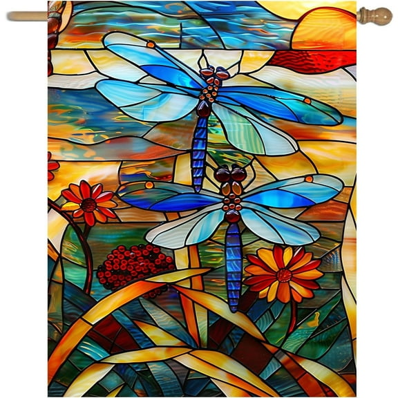 Stained Glass Dragonfly Garden Flag Spring Summer House Flag Fall Floral Decorative Yard Flags for Outside 28x40 Double Sided Large Seasonal Lawn Flags Rustic Outdoor Decor