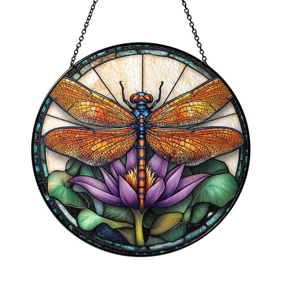 Stained Glass Dragonfly Hanging With Lotus Flower Window Decor Botanical Nature Art