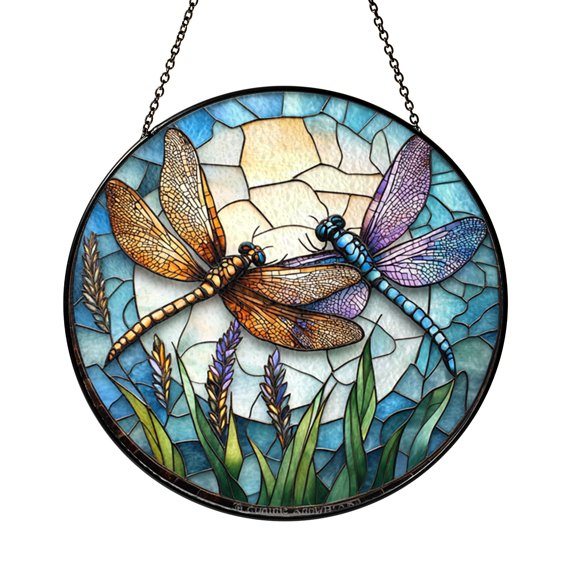 Stained Glass Dragonfly Suncatcher Round Window Decor Colorful Wings Amber Branch Green Leaf Hanging Glass Art