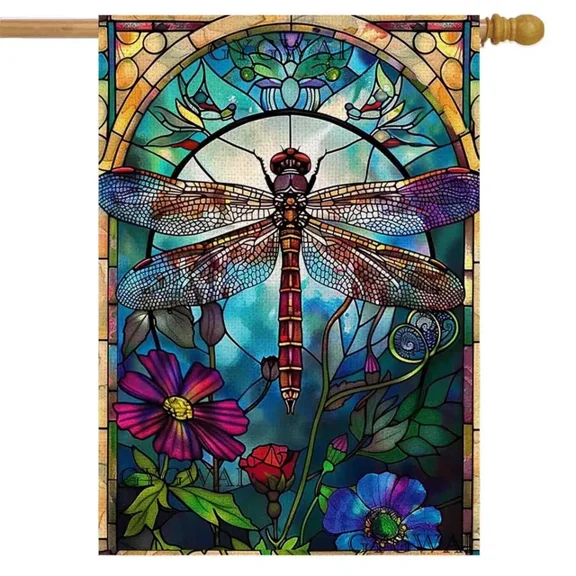 Stained Glass Dragonfly flag Spring Summer flag for Outside 12x18 POLE NOT INCLUDED Garden Flag
