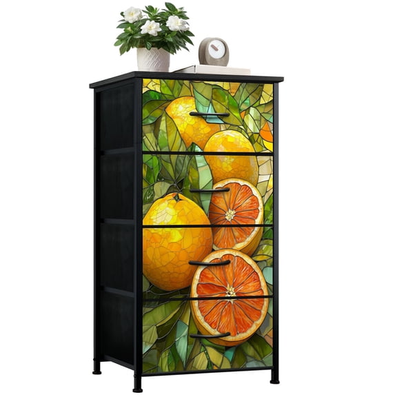 Stained Glass Dresser for Bedroom with 4 Storage Drawers Orange Citrus Fruit Green Leaves Dressers Chest of Drawers Steel Framed Fabric Closet Organizers for Nursery Entryway