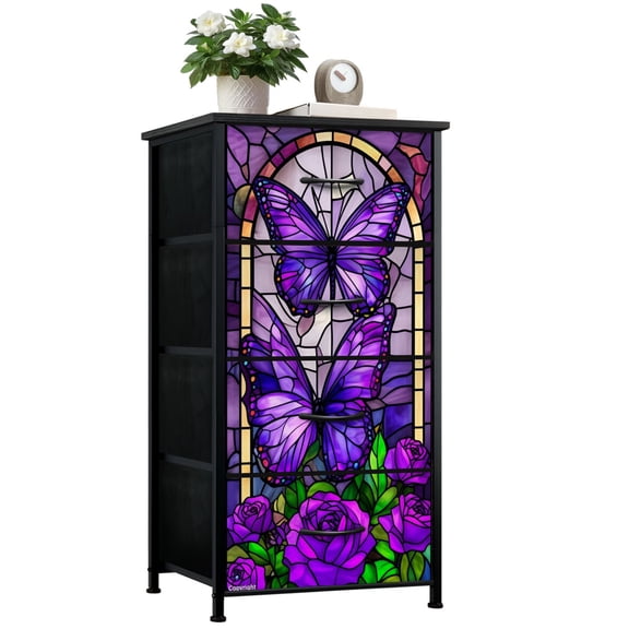 Stained Glass Dresser for Bedroom with 4 Storage Drawers Purple Butterflies Roses Dressers Chest of Drawers Steel Framed Fabric Closet Organizers for Nursery Entryway
