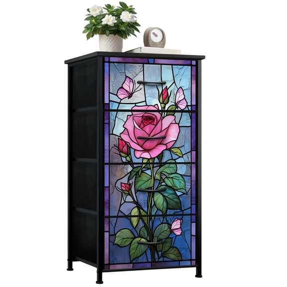 Stained Glass Dresser for Bedroom with 4 Storage Drawers Rose Butterflies Pink Purple Dressers Chest of Drawers Steel Framed Fabric Closet Organizers for Nursery Entryway