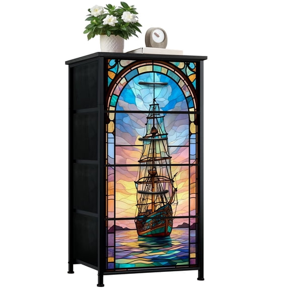 Stained Glass Dresser for Bedroom with 4 Storage Drawers Ship Sailing Sunset Colors Dressers Chest of Drawers Steel Framed Fabric Closet Organizers for Nursery Entryway