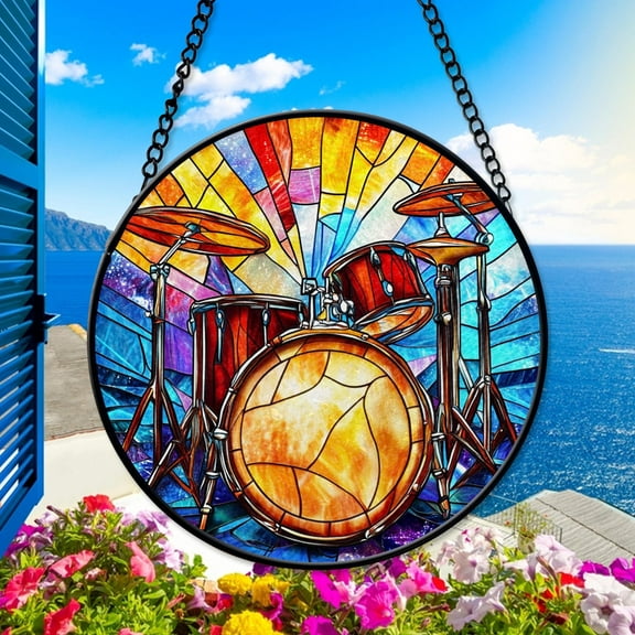 Stained Glass Drum Set Suncatcher â€“ Colorful Music-Themed Window Decoration for Music Lovers, Home, and Office