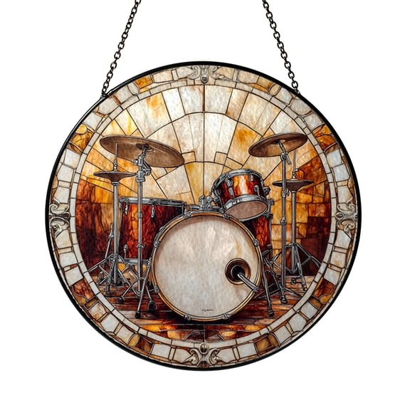 Stained Glass Drum Set Suncatcher – Percussion Wall Art, Perfect Studio Decor and Father’s Day Gift for Musicians