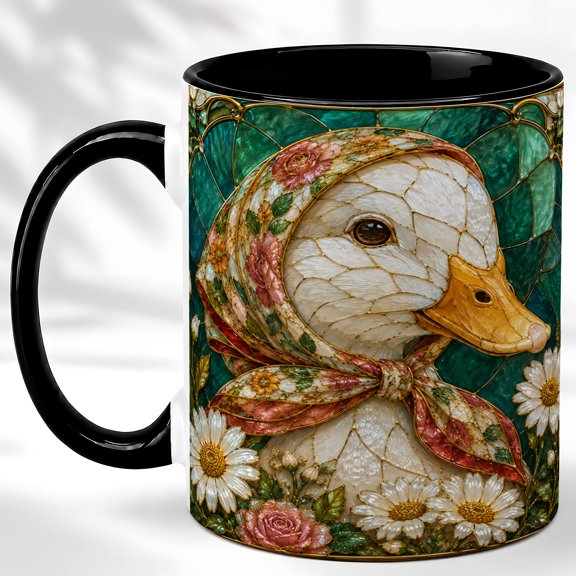 Stained Glass Duck Coffee Mug, Floral Duck Mug, Ceramic 11 oz