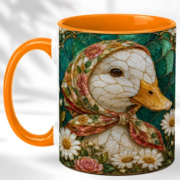 Stained Glass Duck Coffee Mug, Floral Duck Mug, Ceramic 11 oz