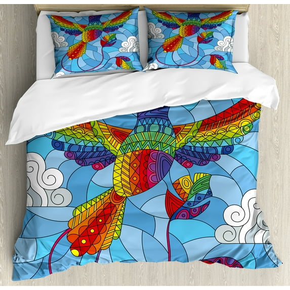 Stained Glass Duvet Cover Set, Hummingbird Clouds Sky Mosaic Illustration, Decorative 3 Piece Bedding Set with 2 Pillow Shams, Calking Size, Sky Blue Multicolor, by Ambesonne